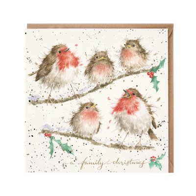 Family of robins on a branch Christmas card