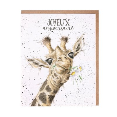 Giraffe with flowers in its mouth French birthday card