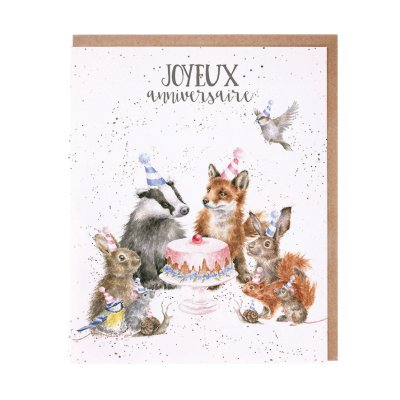 Woodland animals in party hats around a birthday cake French birthday card