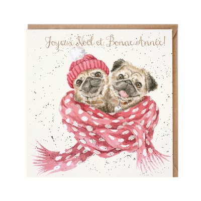 Pugs wrapped in a pink scarf wearing a pink woolly hat French Christmas card