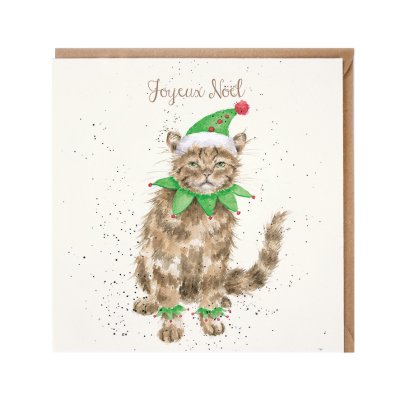 Cat in an elf costume French Christmas card