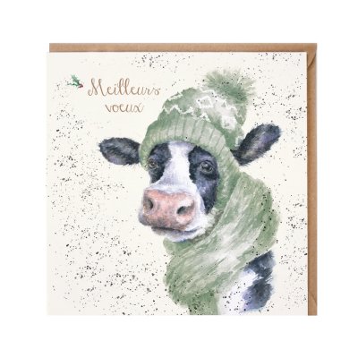 Cow in a green woolly hat and scarf French Christmas card