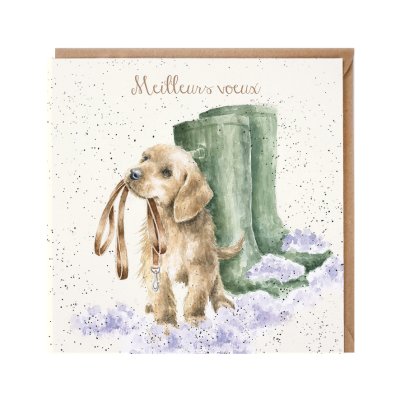 Labrador with a lead in its mouth next a pair of wellies French Christmas card