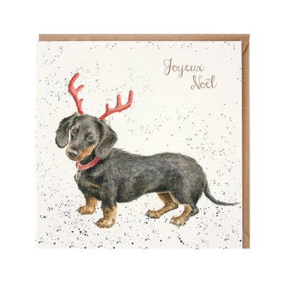 Dachshund wearing red antlers French Christmas card