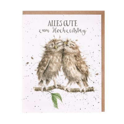 Owls cuddling on a branch German wedding day card