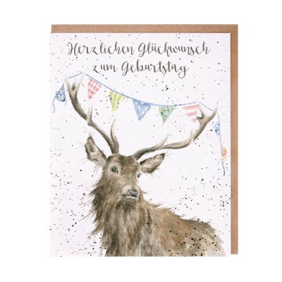 Stag with bunting across antlers German birthday card