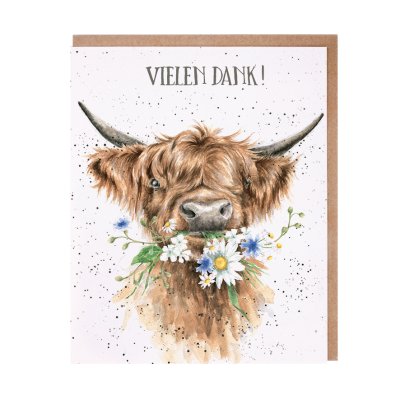 Highland cow with flowers in its mouth German thank you card