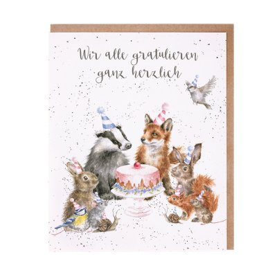 Woodland animals in party hats around birthday cake German birthday card