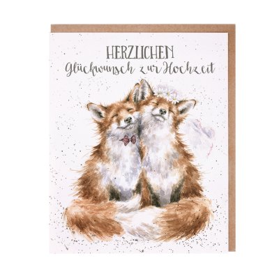 Fox in a bow tie and fox in a veil German wedding day card
