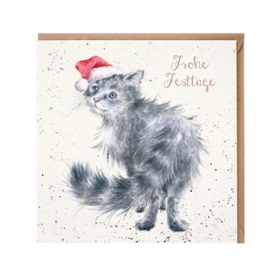 Grey fluffy cat in a Santa hat German Christmas Card