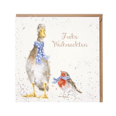Duck and robin a blue spotty scarves German Christmas Card