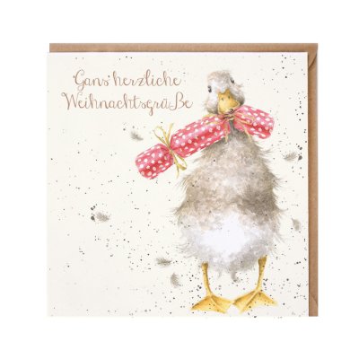 Duck with a Christmas cracker in its mouth German Christmas Card