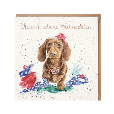 Dachshund surrounded in wrapping paper German Christmas Card