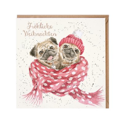 Two pugs wrapped in a pink scarf wearing a pink woolly hat German Christmas Card