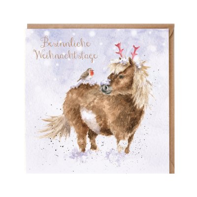 Horse in the snow with a robin on its back German Christmas Card