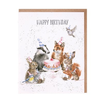 Woodland animals in party hats around a birthday cake birthday card