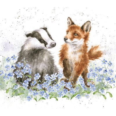 'Forget Me Not' badger and fox amongst forgetmenots artwork print