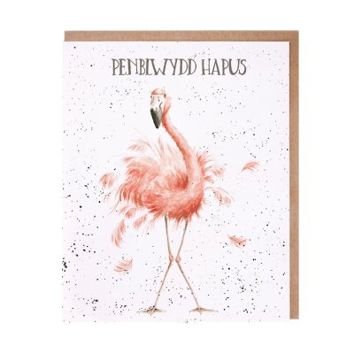 Flamingo Welsh Birthday card