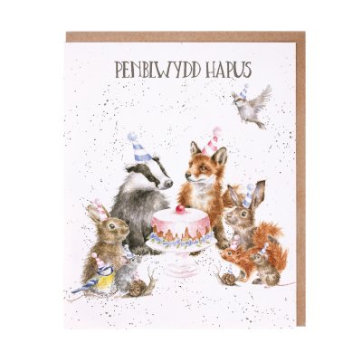 Woodland animals in party hats around a birthday cake Welsh Birthday card