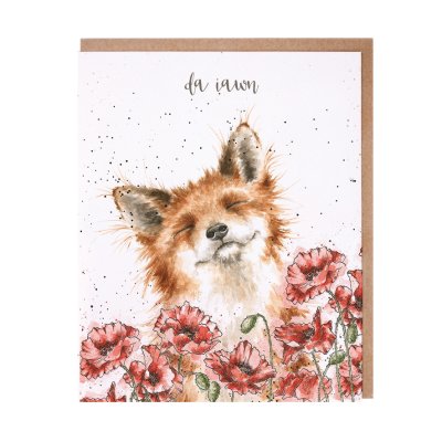 Fox and poppy Welsh get better soon card
