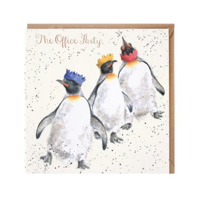 Penguins in paper hats Christmas card