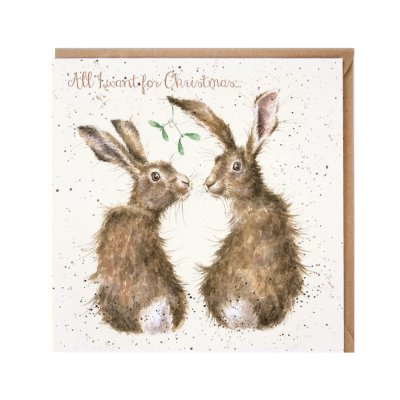 Hares under mistletoe Christmas card