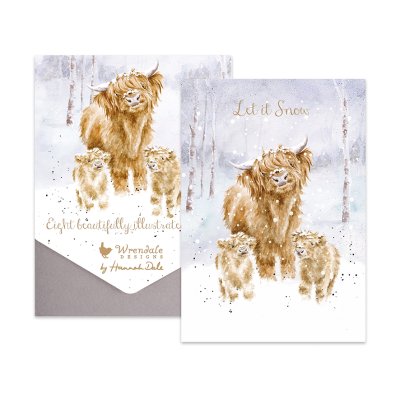 Highland cows in snow illustrated Christmas card pack