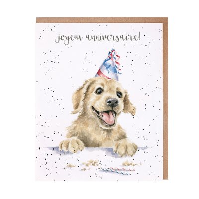 Dog in a party hat French birthday card
