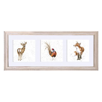 A Woodland deer, pheasant and fox framed trio of prints