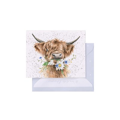 Highland cow with flowers in its mouth mini card