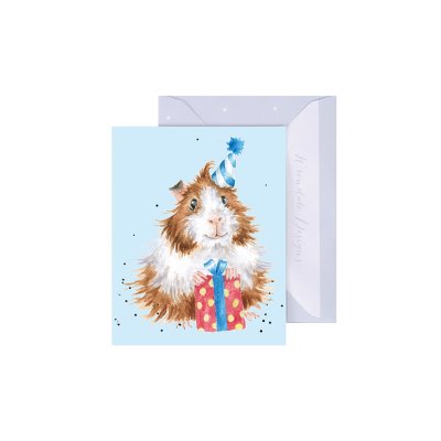 Guinea pig in a party hat with a present mini card