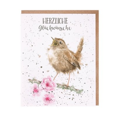 Wren on a blossom branch German birthday card