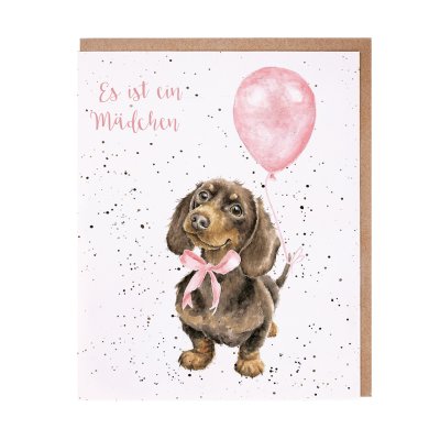 Dachshund with pink bow and balloon German card