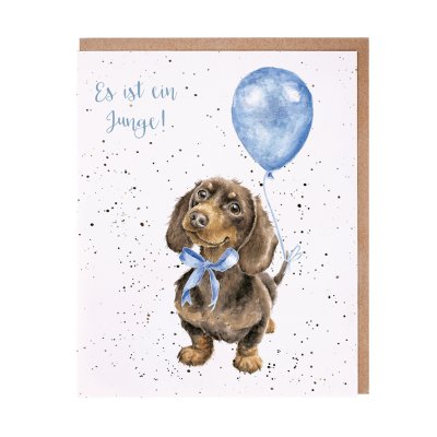 Dachshund with a blue bow and balloon German card