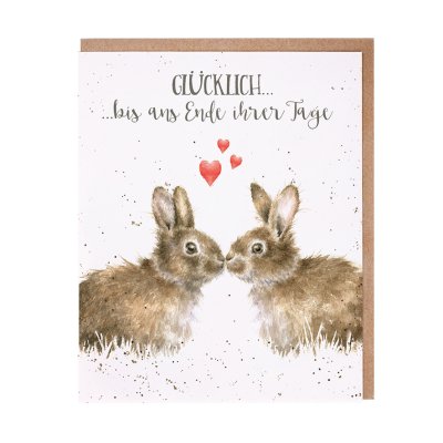 Two rabbits with hearts above German card