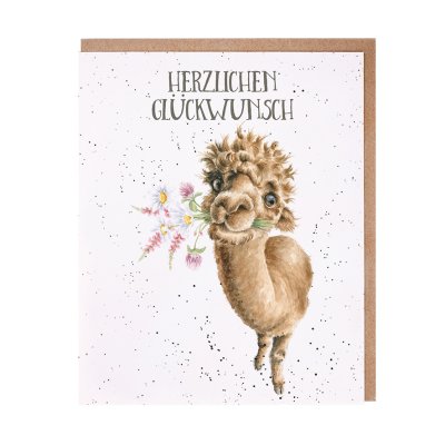 Alpaca with a bunch of flowers in its mouth German card