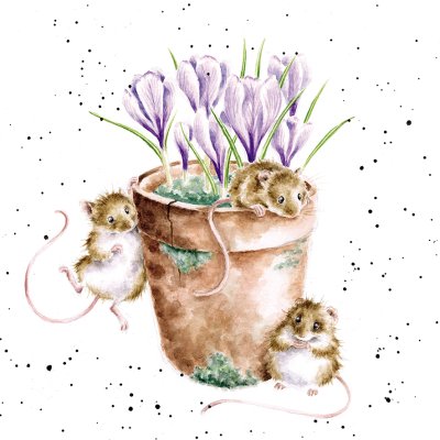 'Garden Friends' mouse and crocus in a flowerpot artwork print