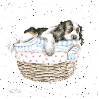 'Wash, Dry, Fold, Repeat' King Charles spaniel on a pile of laundry artwork print