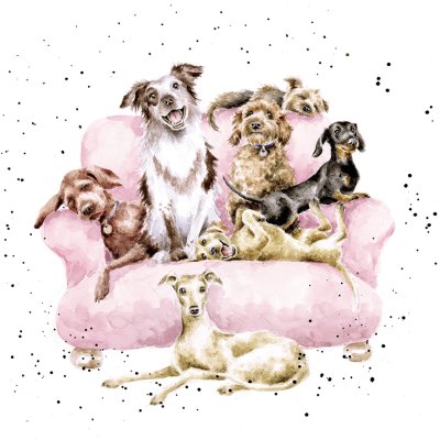 'Movie Night' dogs on a pink sofa artwork print