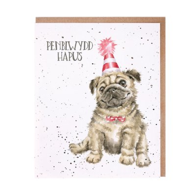 Pug in a party hat and bow tie Welsh Birthday card