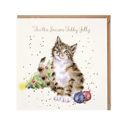 Cat with a fallen Christmas tree and baubles Christmas card