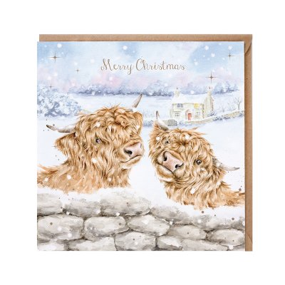 Highland cows in a snowy field illustrated Christmas card