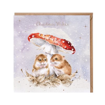 Two mice under a mushroom illustrated Christmas card