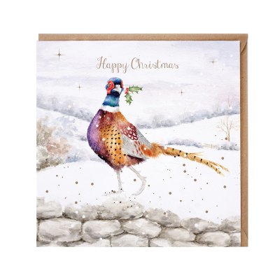 Pheasant in a snowy field illustrated Christmas card
