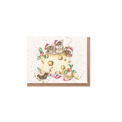 Mice in festive hats on cheese mini card