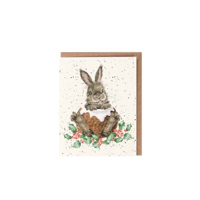 Rabbit in a Christmas pudding  illustrated greeting card